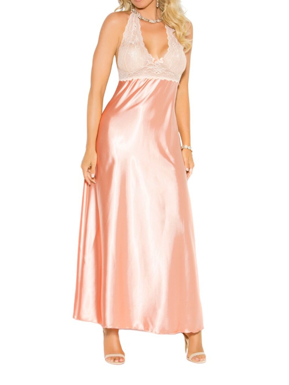 Peach Satin Lace Halter Long Open Back  Nightgown Lingerie Sleepwear Plus Size